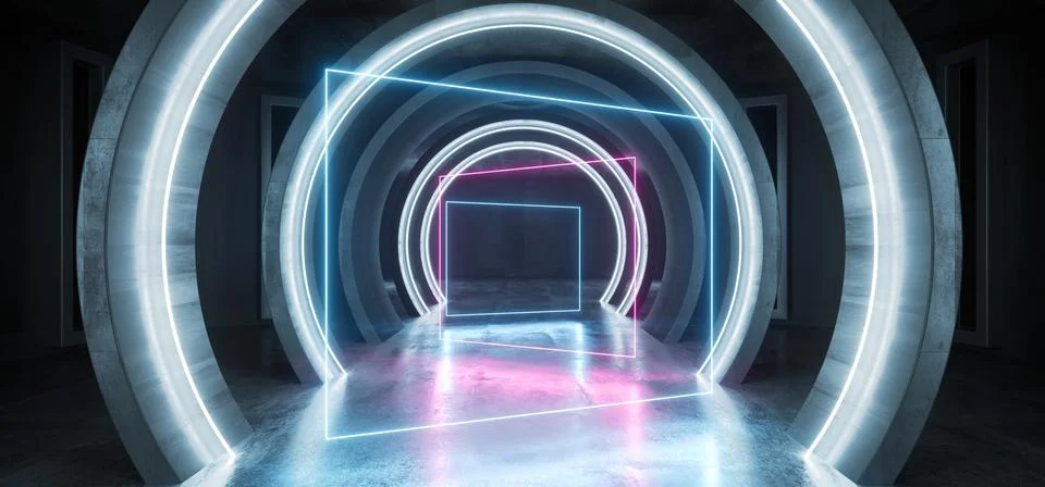 Future Sci Fi Circle Concrete Grunge Neon Lights Glowing Purple Blue Laser Fl 스톡 일러스트