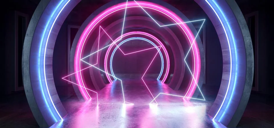 Future Sci Fi Circle Concrete Grunge Neon Lights Glowing Purple Blue Laser Fl Stock Illustration