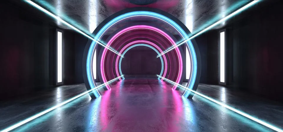 Future Sci Fi Circle Concrete Grunge Neon Lights Glowing Purple Blue Laser Fl Stock Illustration