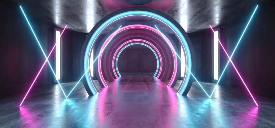 Future Sci Fi Circle Concrete Grunge Neon Lights Glowing Purple Blue Laser Fl Illustrazione stock