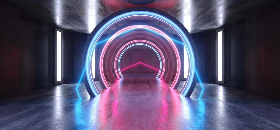 Future Sci Fi Circle Concrete Grunge Neon Lights Glowing Purple Blue Laser Fl Stock Illustration