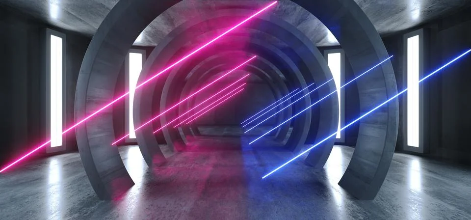 Future Sci Fi Circle Concrete Grunge Neon Lights Glowing Purple Blue Laser Fl Stock Illustration