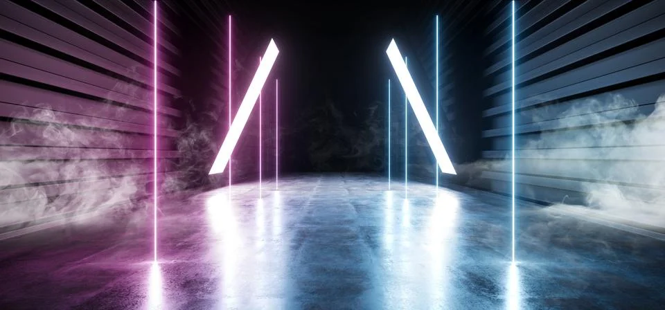Future Sci Fi Smoke Neon Laser Spaceship Future Dark Corridor Glowing Purple  Illustrazione stock