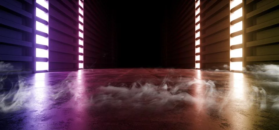 Future Sci Fi Smoke Neon Laser Spaceship Future Dark Corridor Glowing Purple  Illustrazione stock