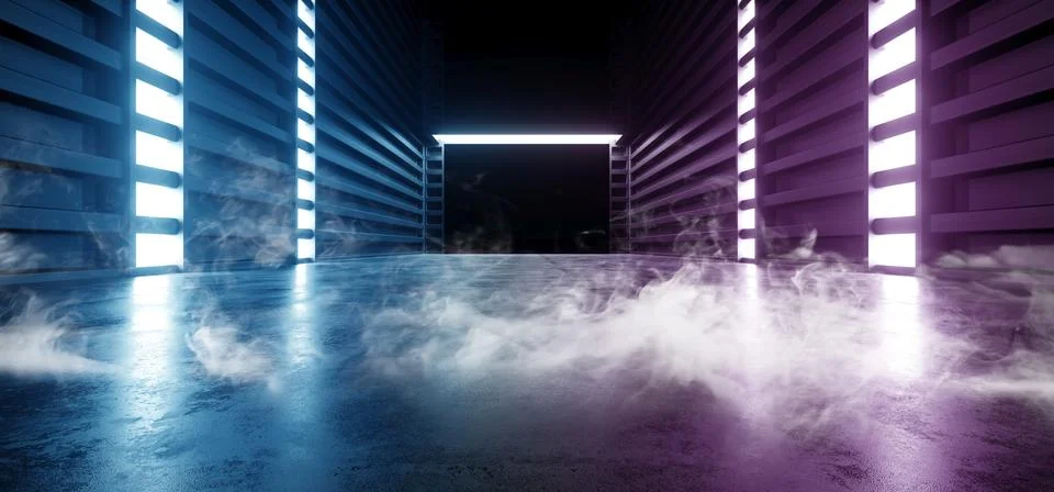 Future Sci Fi Smoke Neon Laser Spaceship Future Dark Corridor Glowing Purple  Stock Illustration