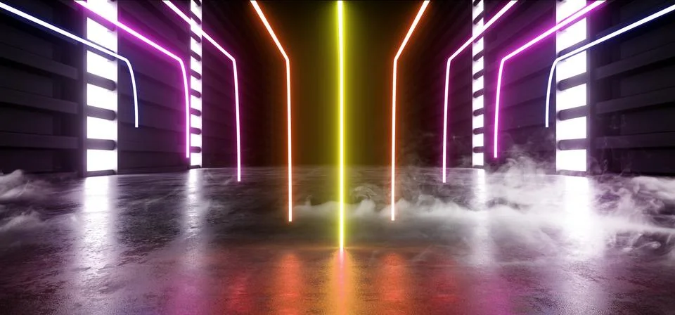 Future Sci Fi Smoke Neon Laser Spaceship Future Dark Corridor Glowing Purple  Stock Illustration