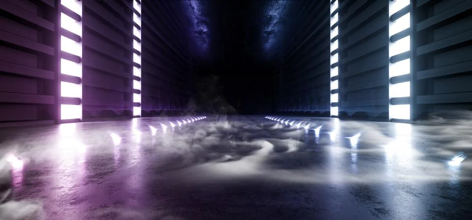 Future Sci Fi Smoke Neon Laser Spaceship Future Dark Corridor Glowing Purple  Illustrazione stock