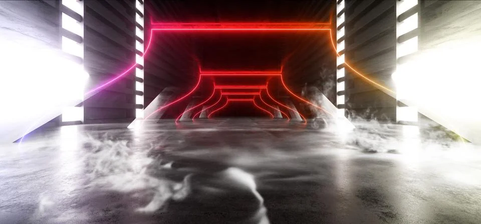 Future Sci Fi Smoke Neon Laser Spaceship Future Dark Corridor Glowing Purple  스톡 일러스트