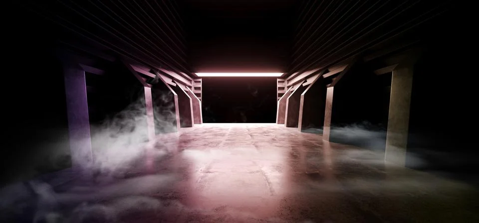 Future Sci Fi Smoke Neon Laser Spaceship Future Dark Corridor Glowing Purple  Illustrazione stock