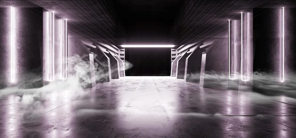 Future Sci Fi Smoke Neon Laser Spaceship Future Dark Corridor Glowing Purple  Stock Illustration