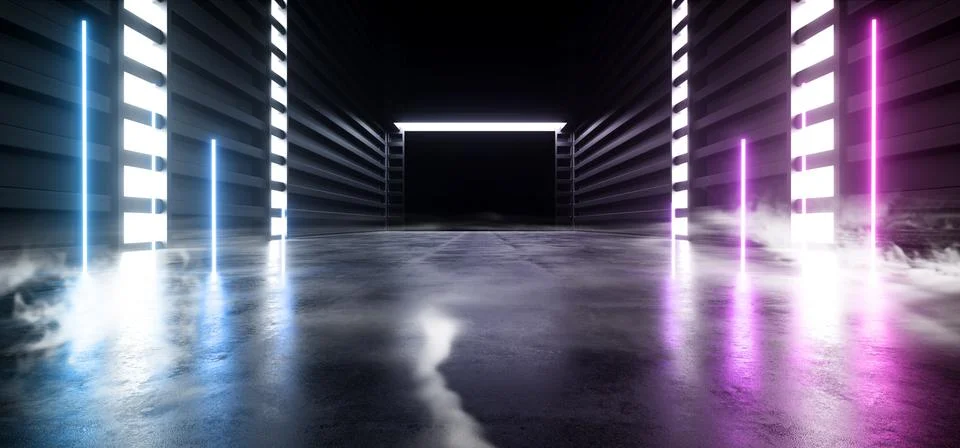 Future Sci Fi Smoke Neon Laser Spaceship Dark Corridor Glowing Purple Red Blu 스톡 일러스트