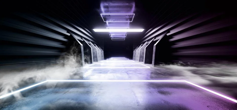 Future Sci Fi Smoke Neon Laser Spaceship Dark Corridor Glowing Purple Red Blu 스톡 일러스트