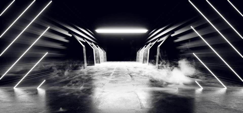Future Sci Fi Smoke Neon Laser Spaceship Future Dark Corridor Glowing White C Illustrazione stock