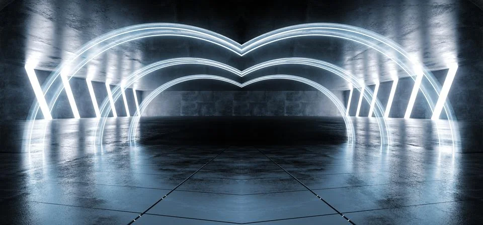 Future Sci Fi Underground Neon Glowing Laser White Blue Lights  Garage Tunnel 스톡 일러스트