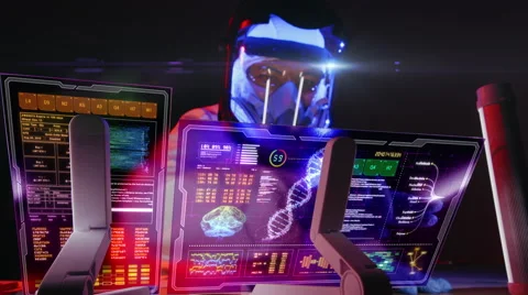 Future scientist runs tests on holographic tablet Stock Footage