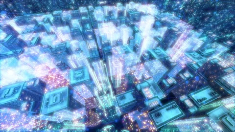 Future smart city cyber space buildings landscape animation Video stock 150144934
