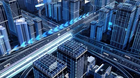 Future Smart City Three Dimensional Traffic 5G Connected 3D Animation 库存影片 334640981