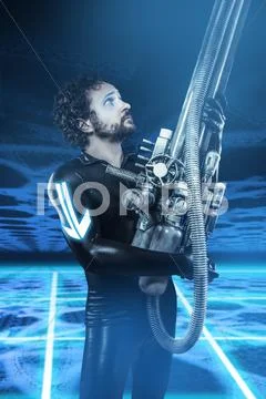 Future soldier with big gun, fantasy image Stock Illustration