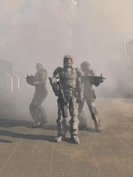 Future Space Marines Advancing from the Mist Stock Illustration