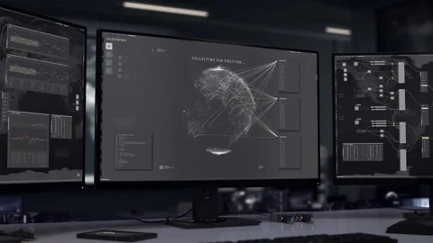 Future surveillance secret spy software detects sim card position on a map 스톡 동영상 252221957