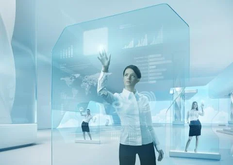 Future teamwork concept. future technology touchscreen interface. Illustrazione stock