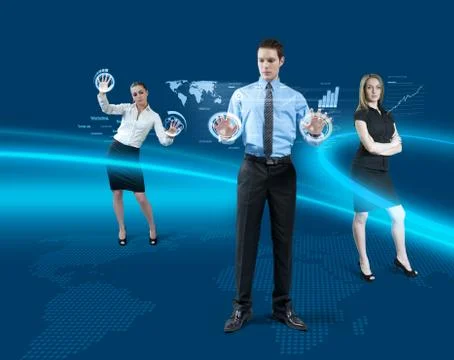 Future teamwork concept. young man + 2 attractive girls using hologram Illustrazione stock