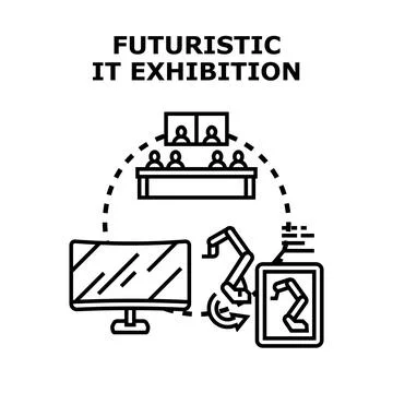 Future technologies exhibition presenting digital innovation concepts Stock Illustration
