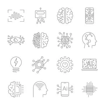 Future technologies icons. AI, quantum computing, robot, IoT, smart CPU and Stock Illustration
