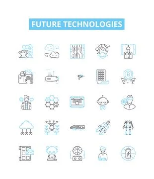 Future technologies vector line icons set. AI, Robotics, BigData, Blockchain Stock Illustration