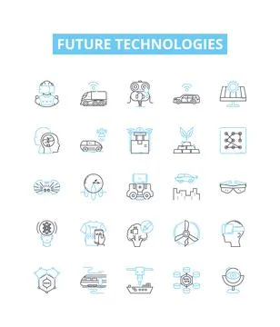 Future technologies vector line icons set. AI, Robotics, BigData, Blockchain Stock Illustration