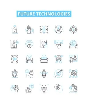 Future technologies vector line icons set. AI, Robotics, BigData, Blockchain Stock Illustration