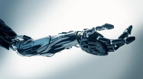 Future technology in black prosthetic hand on white. 3ds max render / Futuris Stock Photos