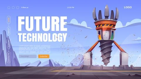 Future technology cartoon landing with drill rig Stock Illustration