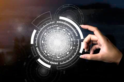 Future technology concept. Closeup hand touching bright technology icons with Stock Photos