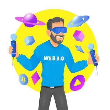 Future technology concept. Young man with VR headset with touching vr interface. Stock Illustration