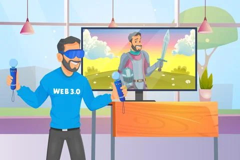 Future technology concept. A young man with VR headset with touching VR Stock Illustration