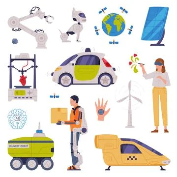 Future Technology Device with Robotic Arm, Earth Satellite, Solar Panel, Woman Stock Illustration