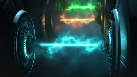 Future technology emitting three vivid lazer pulses on a dark gradient Stock Footage 303321569