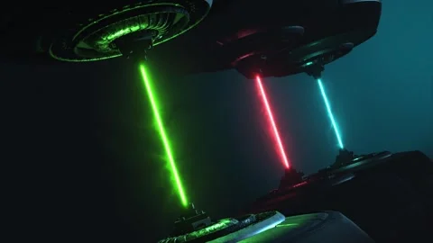 Future technology emitting three vivid lazer pulses on a dark gradient Stock Footage 303321573