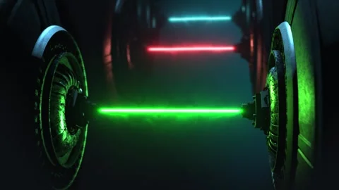 Future technology emitting three vivid lazer pulses on a dark gradient Stock Footage 303321576