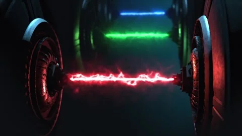 Future technology emitting three vivid lazer pulses on a dark gradient Stock Footage 303321607