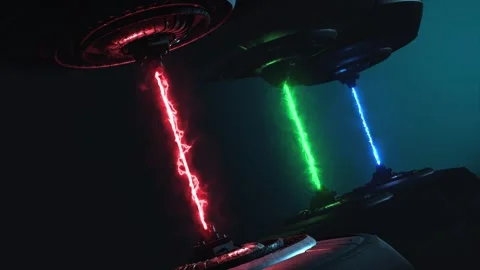 Future technology emitting three vivid lazer pulses on a dark gradient Stock Footage 303321640