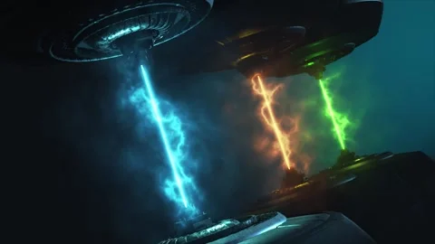 Future technology emitting three vivid lazer pulses on a dark gradient Stock Footage 303322027