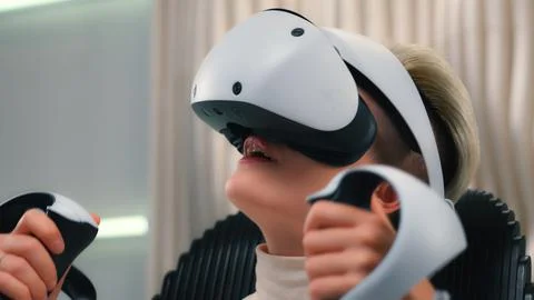 Future technology exploring 3d cyber simulation Caucasian woman girl gamer in VR Stock Photos