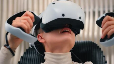 Future technology exploring 3d cyber simulation Caucasian woman girl gamer in VR Stock Photos