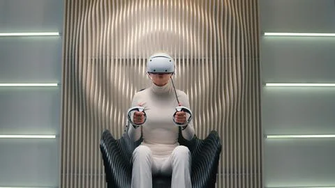 Future technology exploring 3d cyber simulation Caucasian woman girl gamer in VR Stock Photos