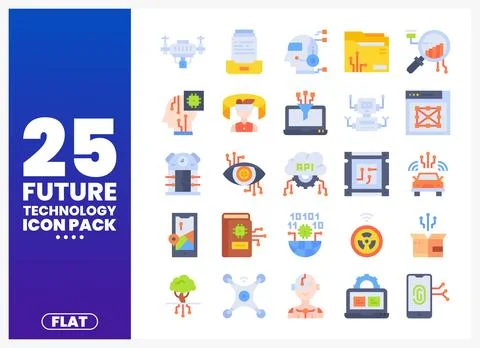Future technology flat icons with AI. IoT. and robotics elements on a white.. Illustrazione stock