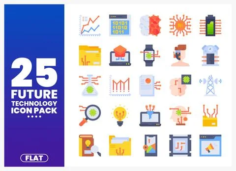 Future technology flat icons in a graphic design on a blue background Stock Illustration