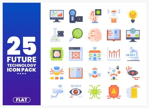 Future technology flat icons pack on a blue and purple gradient background. イラスト素材