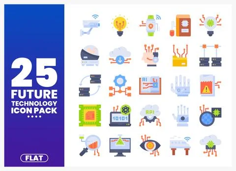 Future technology flat icons on a white background with gradient blue text イラスト素材